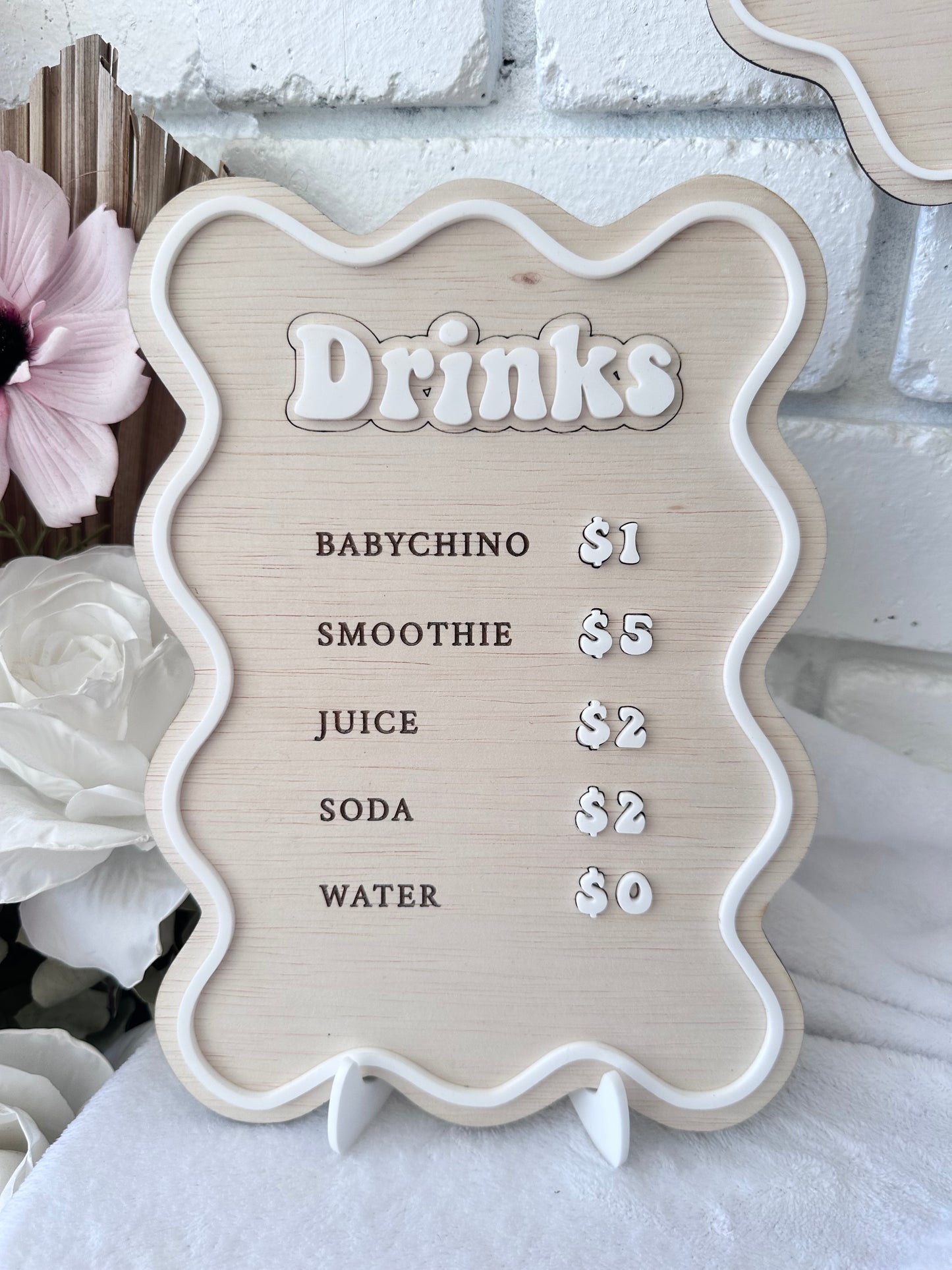 Kids play kitchen drinks menu