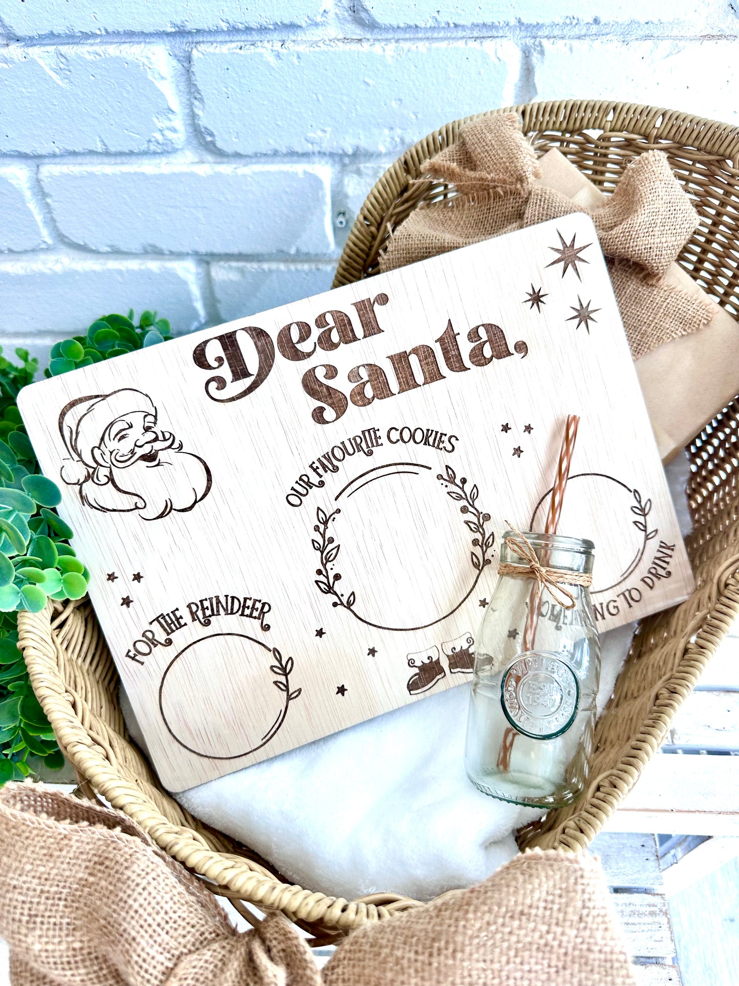 Santa cookie plate and glass milk glass