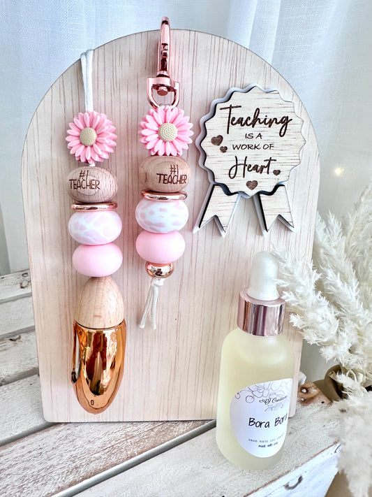 Teacher keyring, oil diffuser, oil and decal (pink flower)