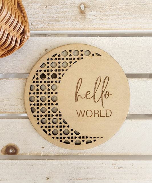Rattan Moon Plaque - Hello World