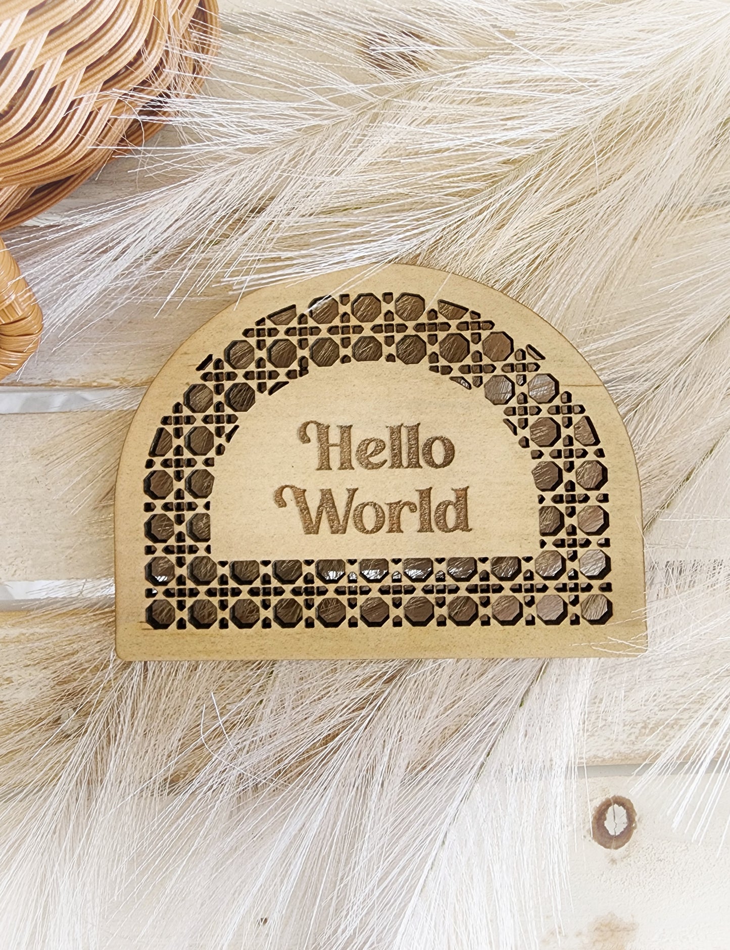 Rattan Hello World Arch Plaque